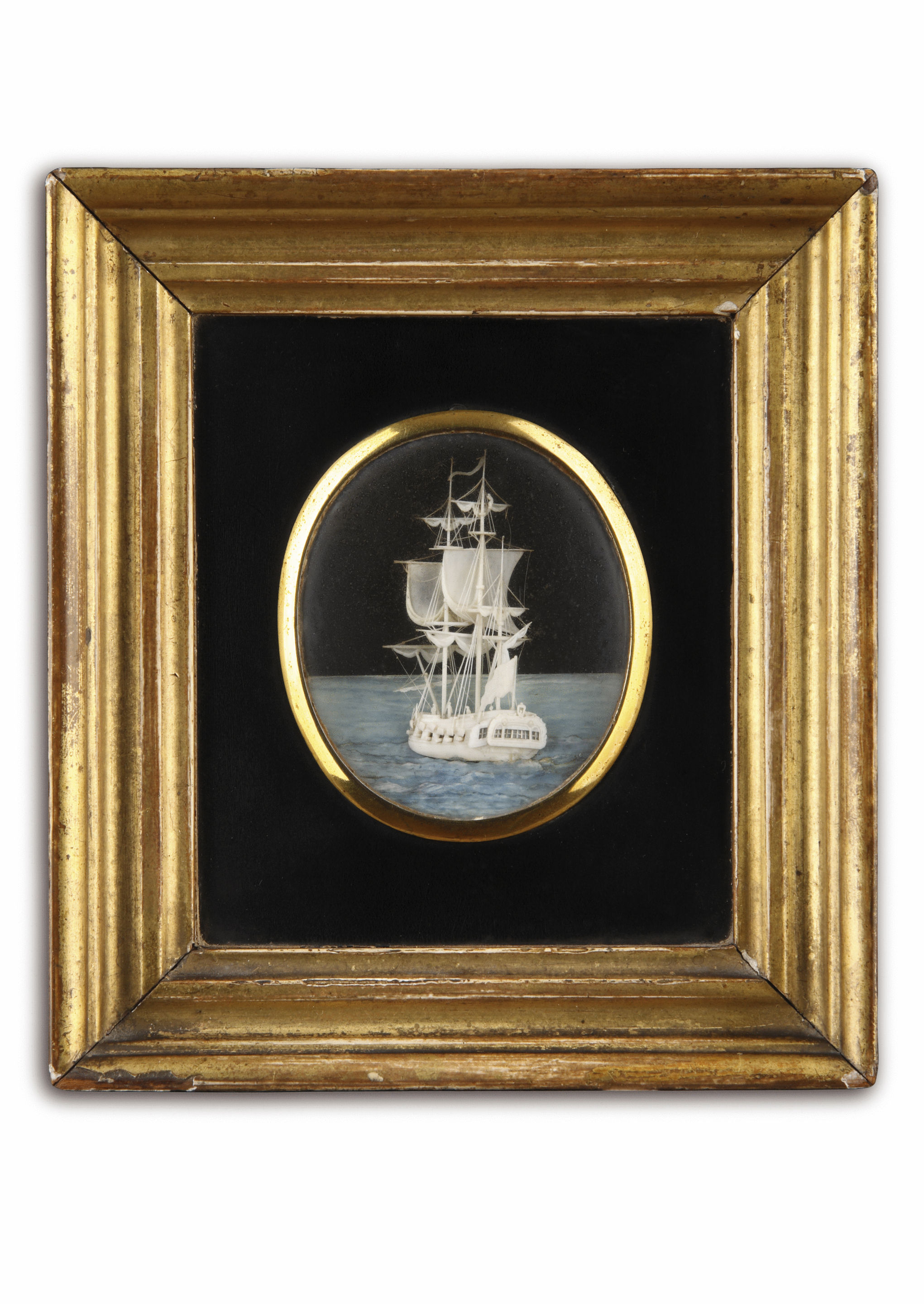 English Carved Ivory Micro Miniature of a Frigate